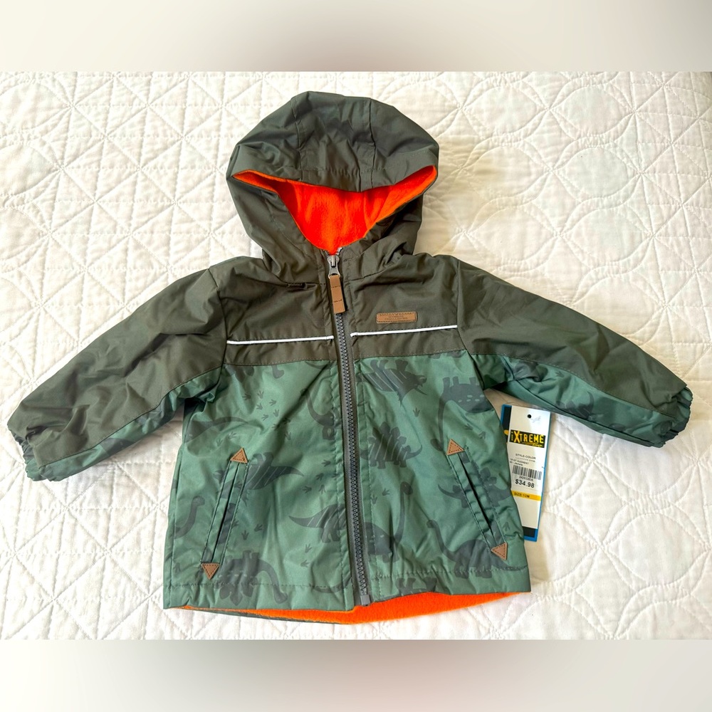 NWT Xtreme 12M Water Resistant Fleece Lined Green Dinosaur Jacket